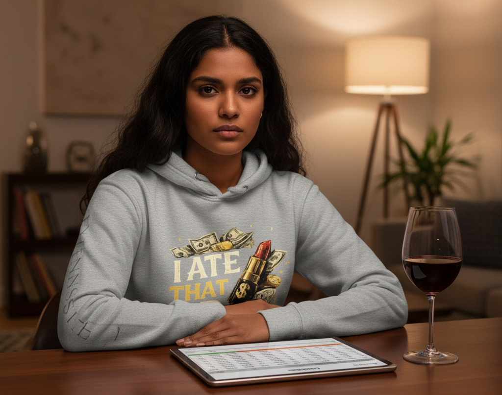 MotherMindset I Ate That Up motivational hoodie in caramel with front and back design, cozy victory sweatshirt for women.