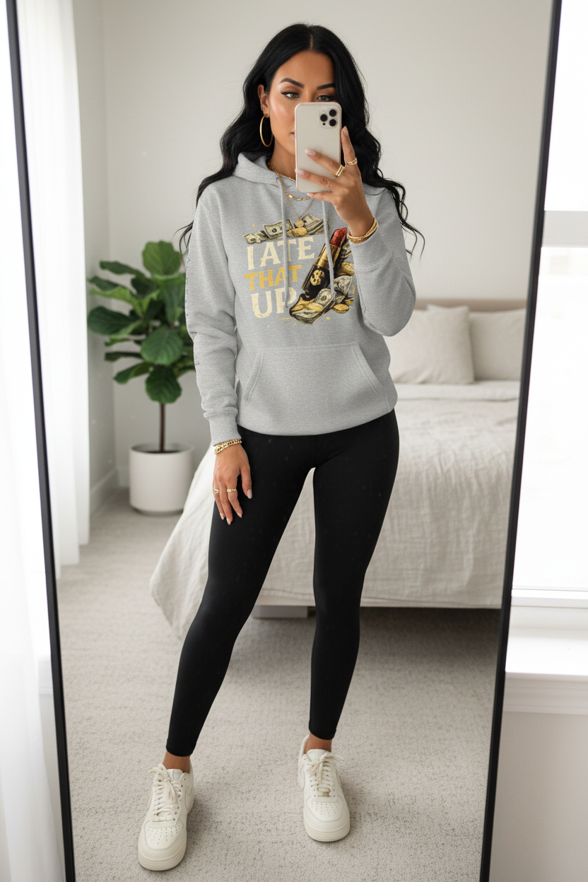 MotherMindset I Ate That Up Motivational Hoodie in caramel with front and back design, cozy victory sweatshirt.