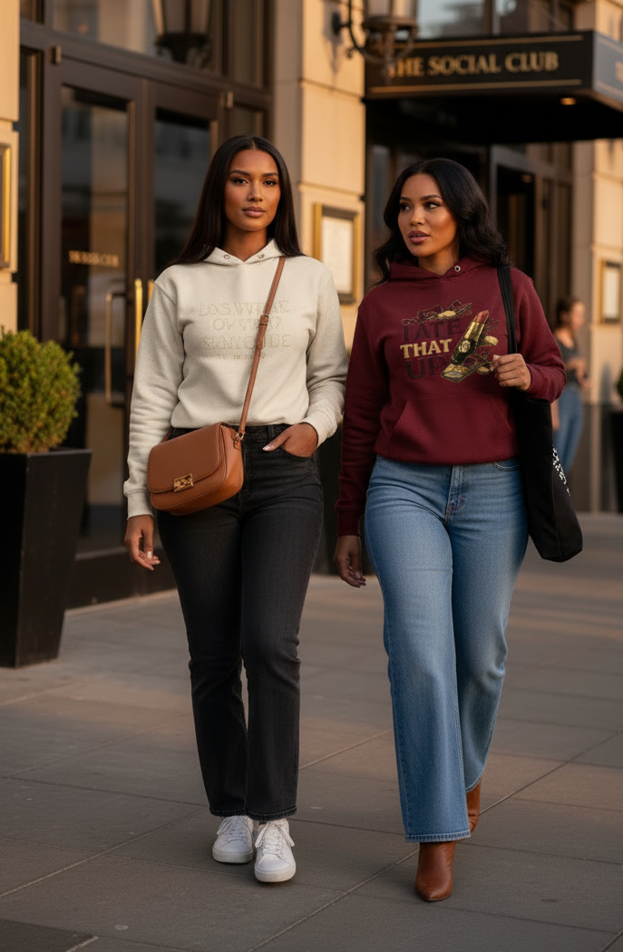 MotherMindset I Ate That Up motivational hoodie in caramel with front and back design, featuring victory-themed sweatshirt style.