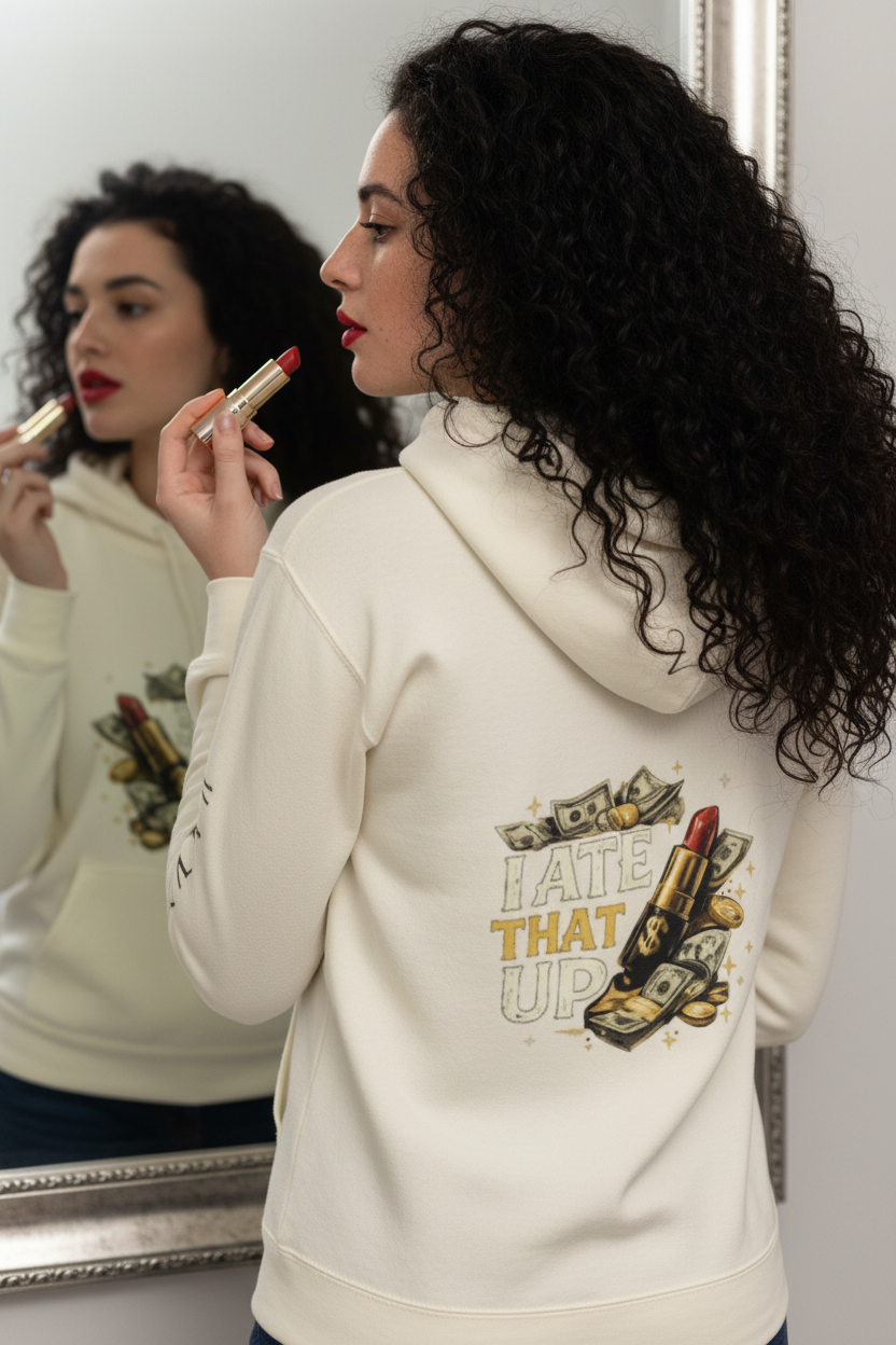 MotherMindset I Ate That Up Motivational Hoodie in caramel with front and back design, unisex cotton sweatshirt.