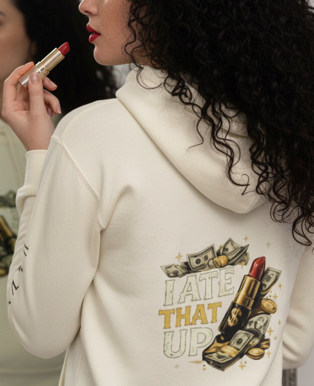 MotherMindset I Ate That Up Motivational Hoodie in caramel with front and back design, unisex cotton-heritage pullover sweatshirt.