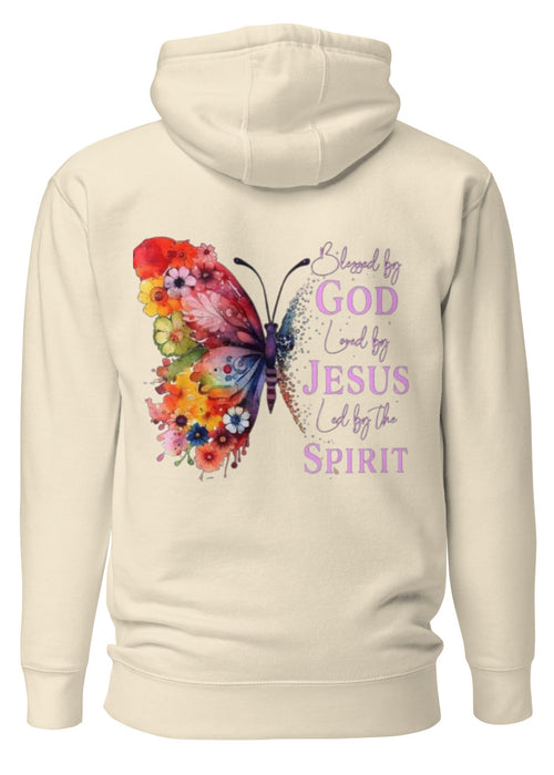 Cream unisex Christian hoodie with "Blessed by God" front and back design, made of premium cotton by MotherMindset.