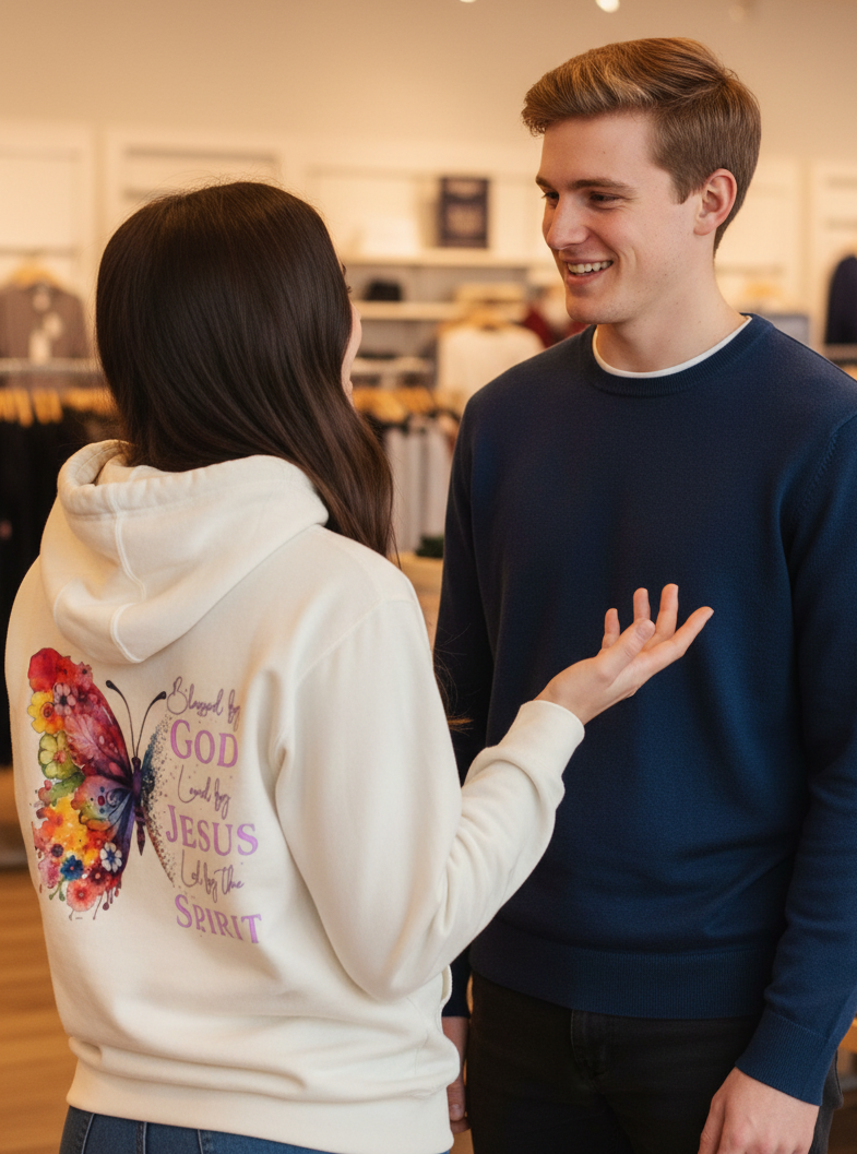 Cream "Blessed by God" Christian hoodie by MotherMindset, front and back design, unisex pullover sweatshirt with faith-themed graphics.