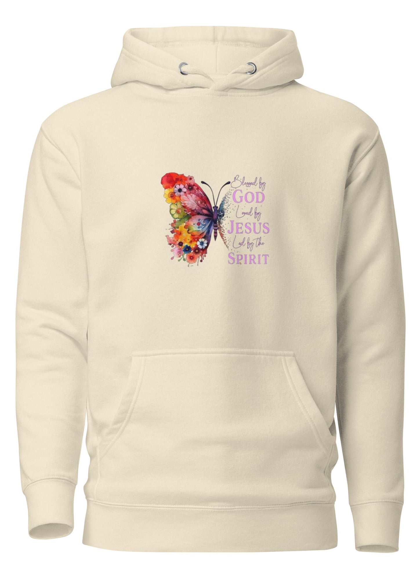 Cream "Blessed by God" Christian hoodie by MotherMindset, front and back design, unisex pullover sweatshirt made of cotton.