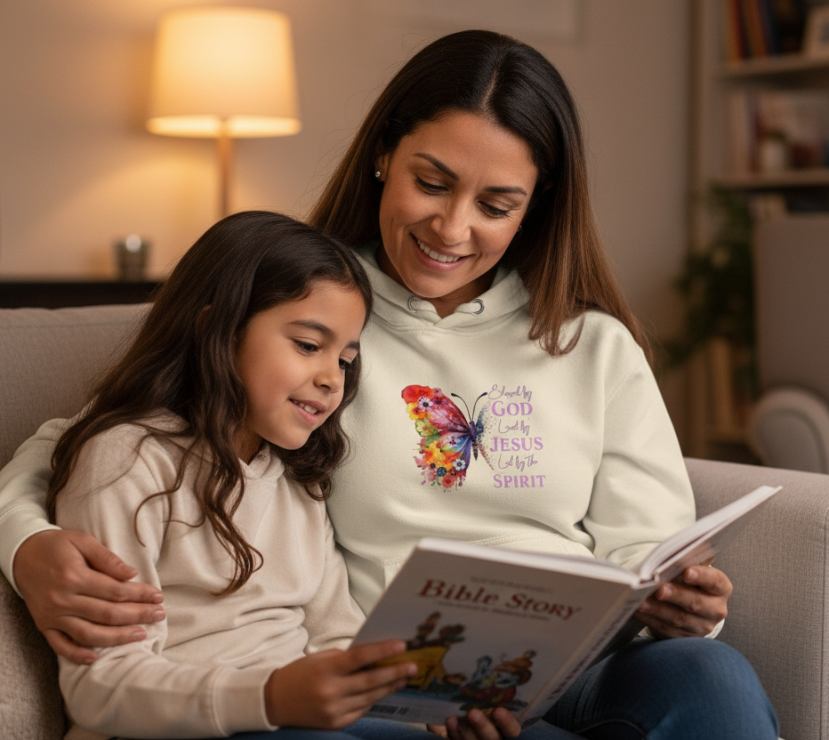 Cream unisex Christian hoodie by MotherMindset featuring "Blessed by God" front and back design, soft cotton fabric, and comfortable fit.