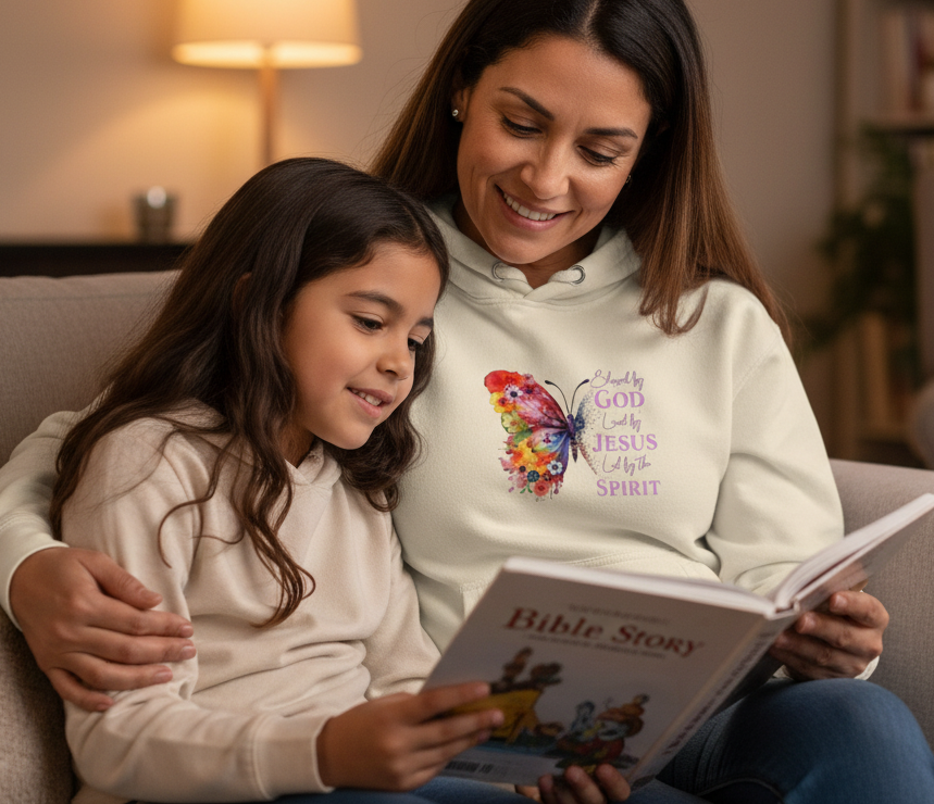 Cream "Blessed by God" Christian hoodie by MotherMindset, front and back design, unisex pullover sweatshirt with faith message.