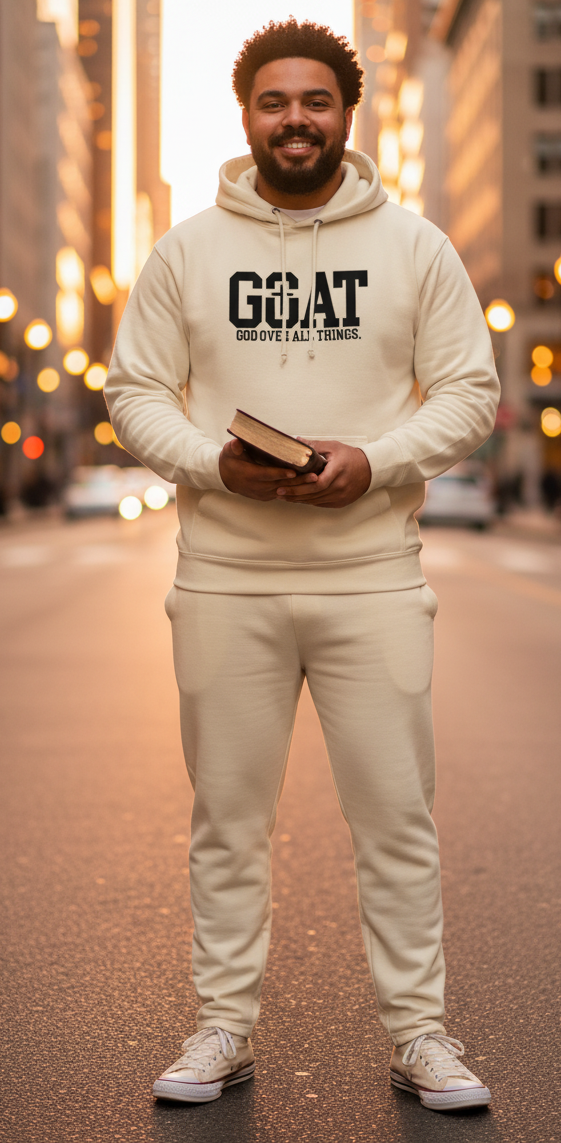 Unisex G.O.A.T. Hoodie by MotherMindset featuring Christian design, cotton heritage fabric, bone color, front view pullover sweatshirt