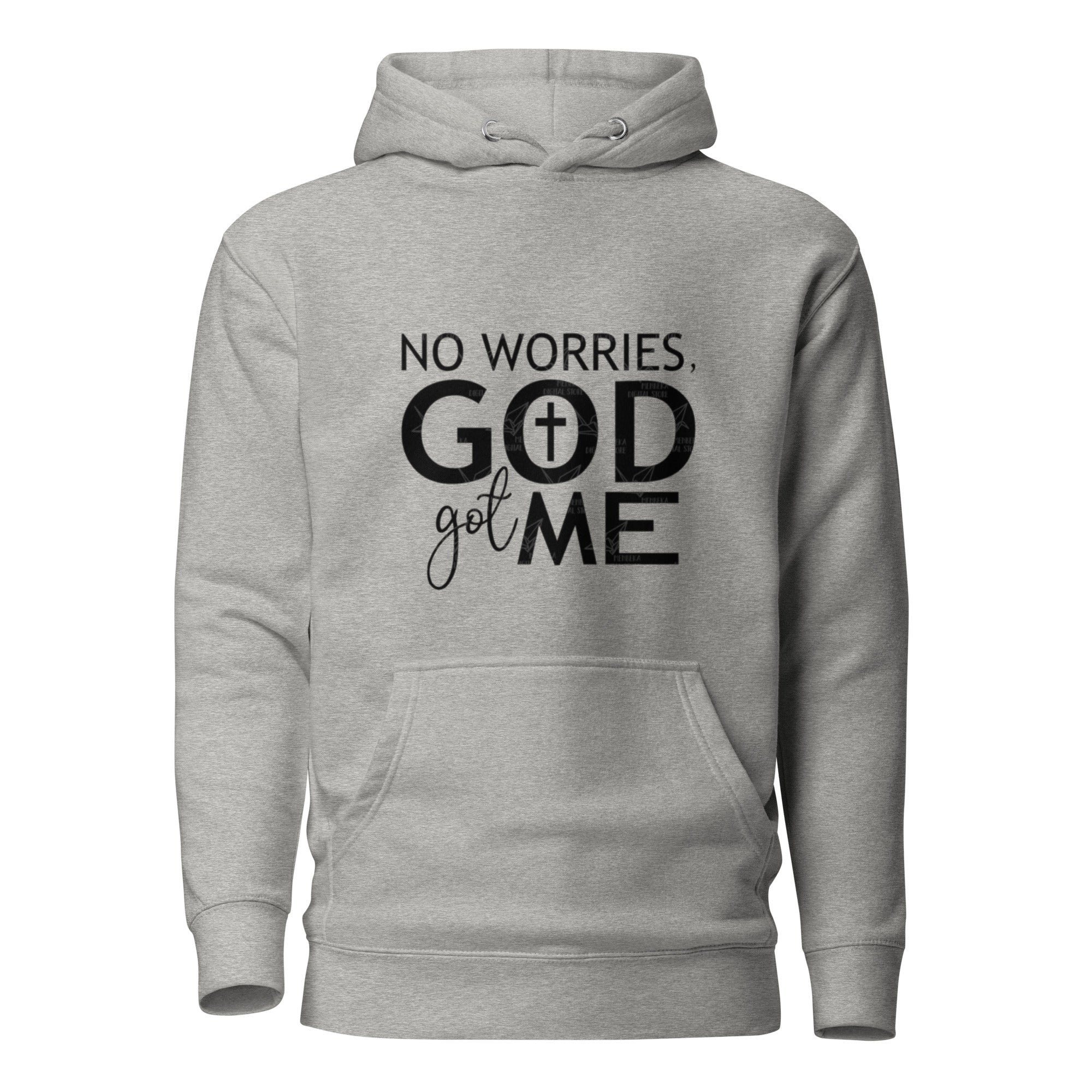 Light gray MotherMindset Christian hoodie with "God's Got Me" faith print, unisex pullover sweatshirt, front view.