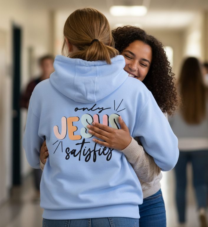 Baby blue "Jesus Satisfies" Christian hoodie by MotherMindset, unisex pullover sweatshirt with faith-inspired design on cotton heritage fabric.