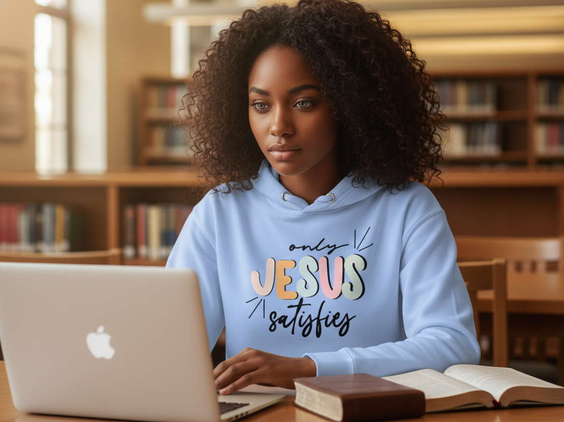 Unisex Baby Blue "Jesus Satisfies" Christian hoodie by MotherMindset, featuring a soft cotton fabric and front design.