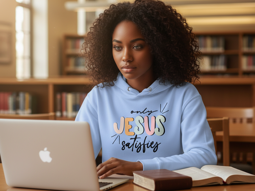 Baby blue Jesus Satisfies Christian hoodie by MotherMindset, unisex pullover sweatshirt with faith-inspired design and front view.