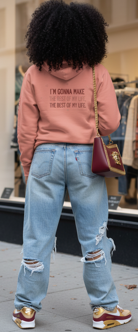 MotherMindset dark peach motivational hoodie with front and back "The Rest of My Life" design, unisex cotton pullover sweatshirt.