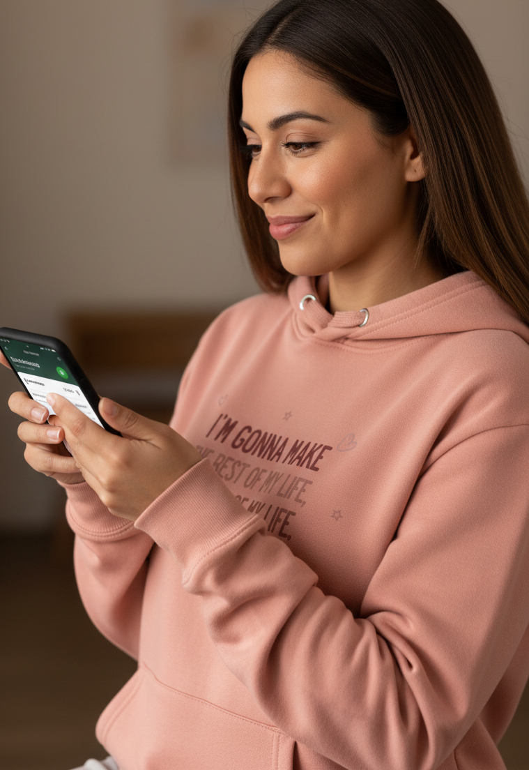 MotherMindset motivational hoodie in dusty rose with front and back "The Rest of My Life" message, unisex cotton sweatshirt.