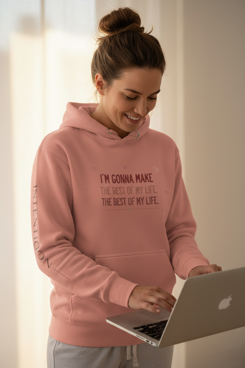 Dark peach unisex hoodie with front and back "The Rest of My Life" motivational design by MotherMindset, made from cotton heritage fabric.