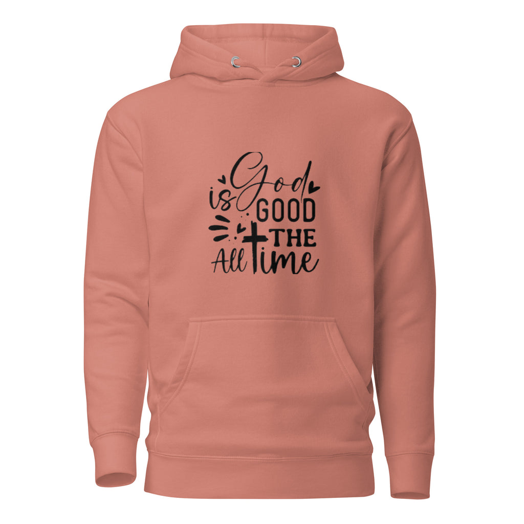 MotherMindset Christian hoodie featuring "God is Good All the Time" message in mauve pink, unisex pullover sweatshirt.
