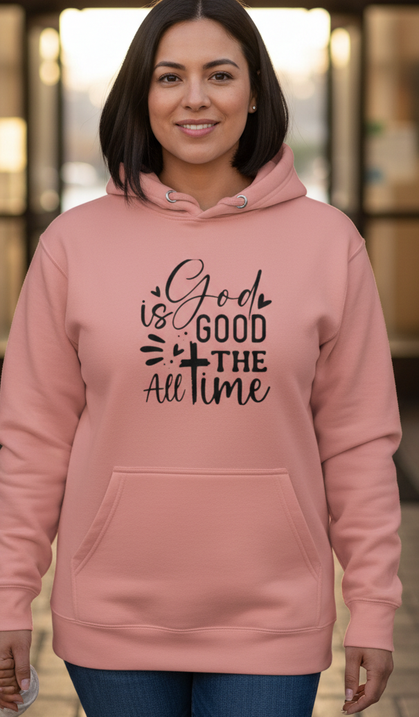 MotherMindset Christian hoodie with "God is Good All the Time" text, mauve pink pullover sweatshirt, unisex cotton fabric.