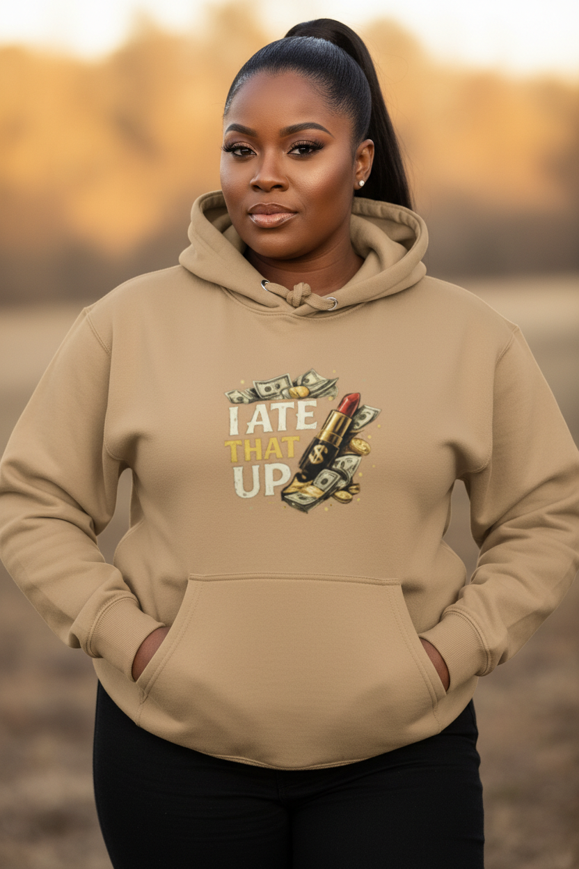 MotherMindset caramel victory hoodie with "I Ate That Up" motivational design, unisex cotton sweatshirt featuring front and back print.