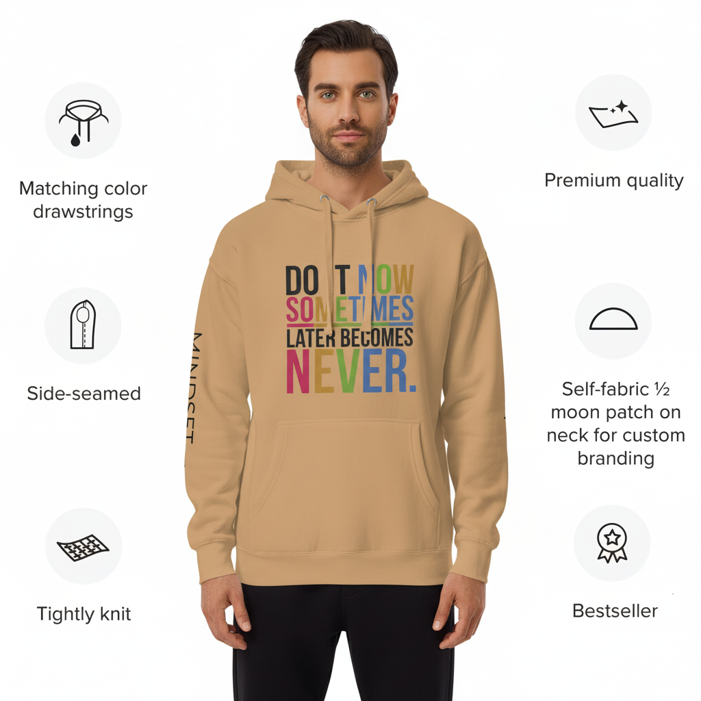 MotherMindset Do It Now hoodie in caramel with motivational front and sleeve design, unisex cotton-heritage pullover sweatshirt.