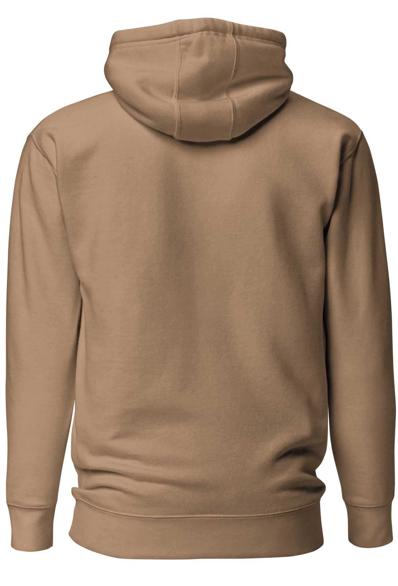 MotherMindset GodIsGreater hoodie in caramel tan, unisex cotton pullover with faith-based motivational message on the back.