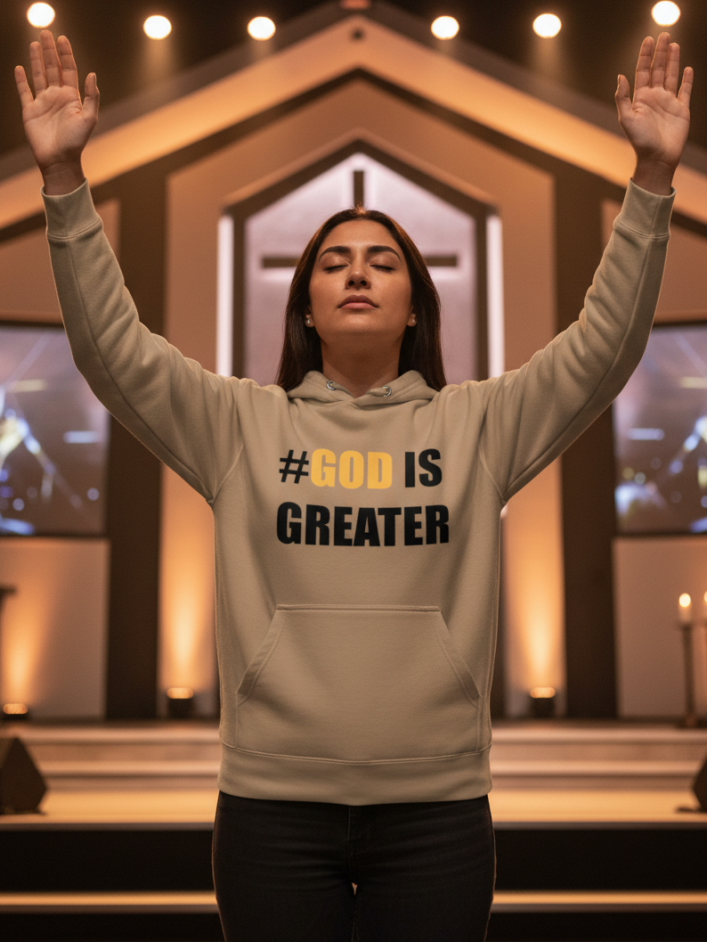 Unisex caramel tan GodIsGreater hoodie by MotherMindset with motivational text on front, made of cotton-heritage fabric.