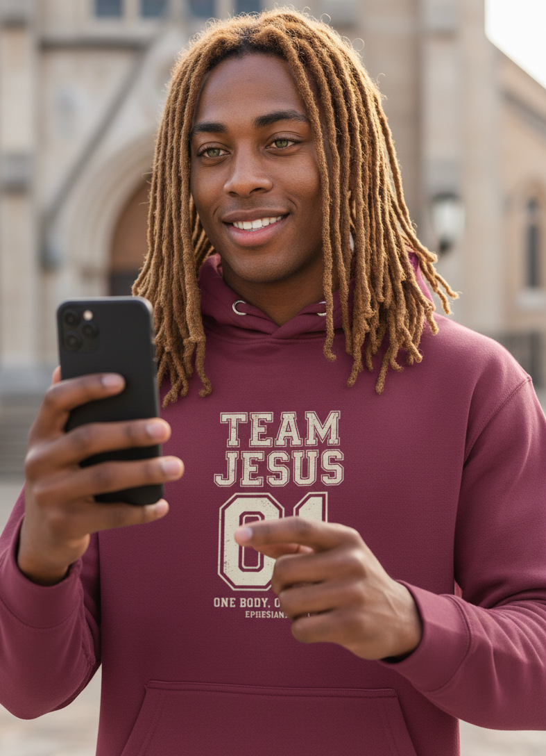 Maroon unisex Christian hoodie from MotherMindset featuring "Team Jesus 01" design on a cotton-heritage pullover sweatshirt.
