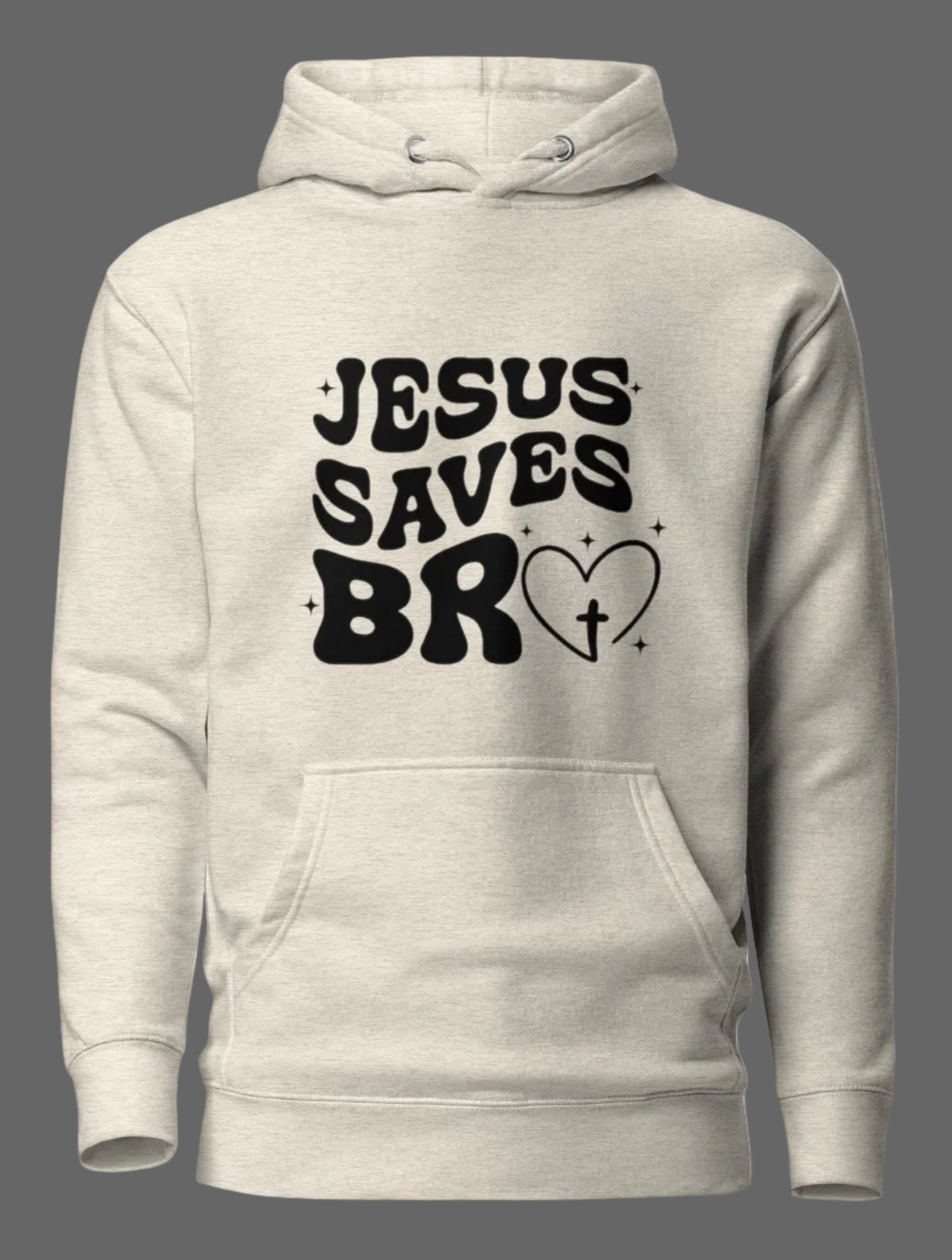 Unisex oatmeal cream Christian hoodie by MotherMindset with "Jesus Saves Bro" slogan front view, soft cotton fabric.