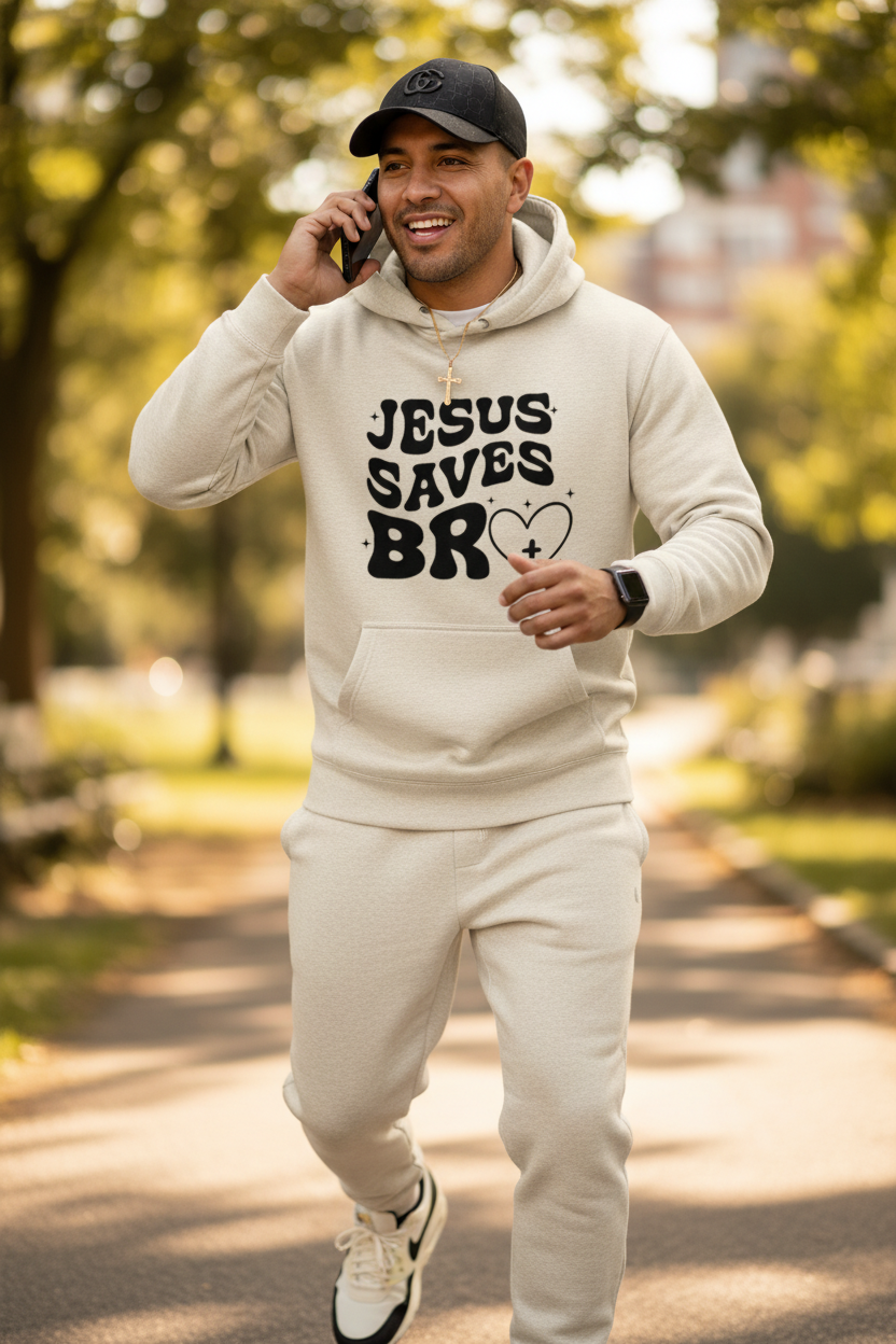 Unisex oatmeal cream Christian hoodie with "Jesus Saves Bro" slogan, made by MotherMindset, front view of the pullover sweatshirt.