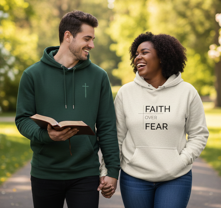 Unisex oatmeal Heather Faith Over Fear hoodie by MotherMindset featuring inspirational Christian message on front.