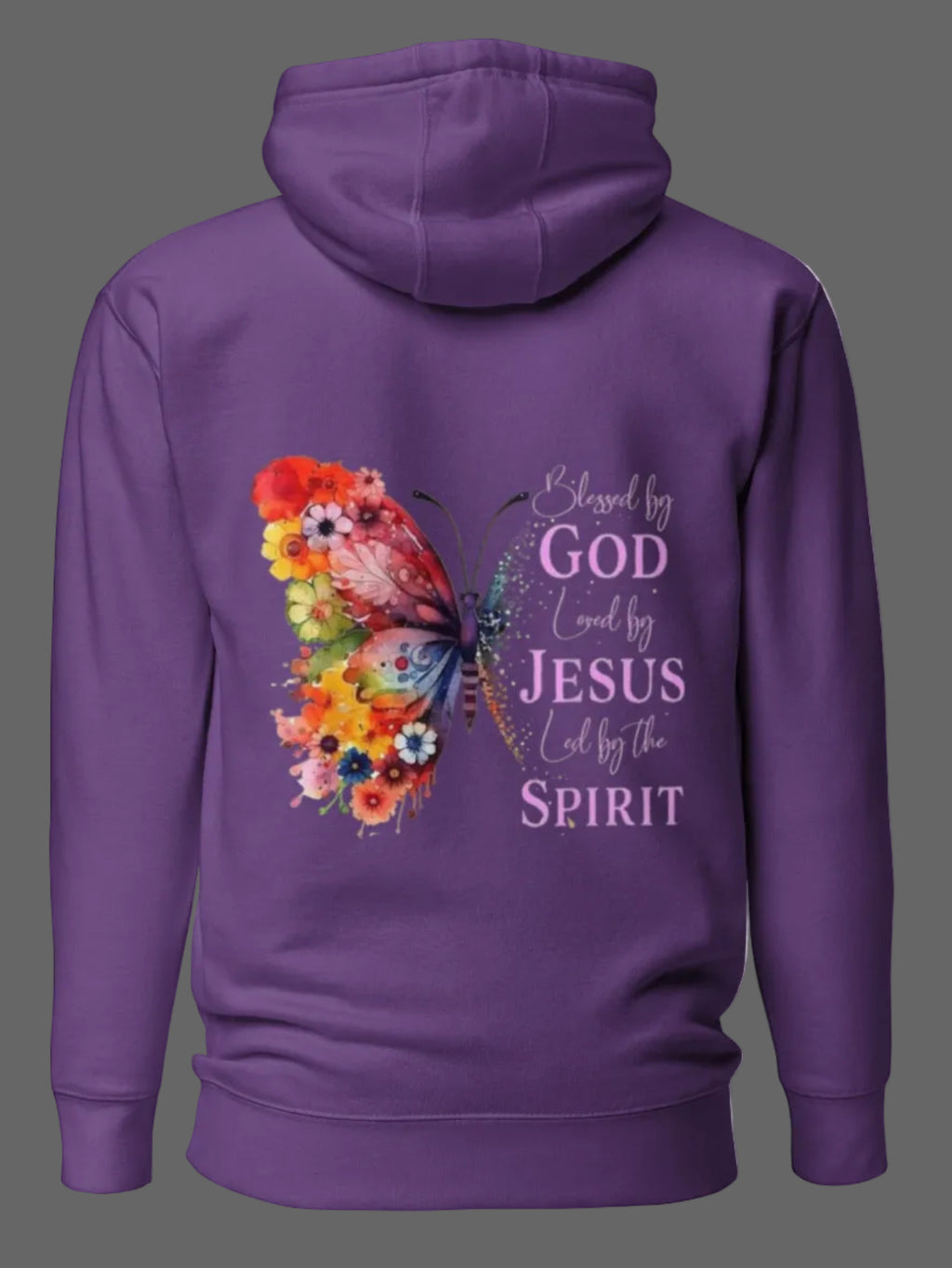 Purple "Blessed by God" Christian hoodie by MotherMindset, featuring butterfly and faith design on the back.