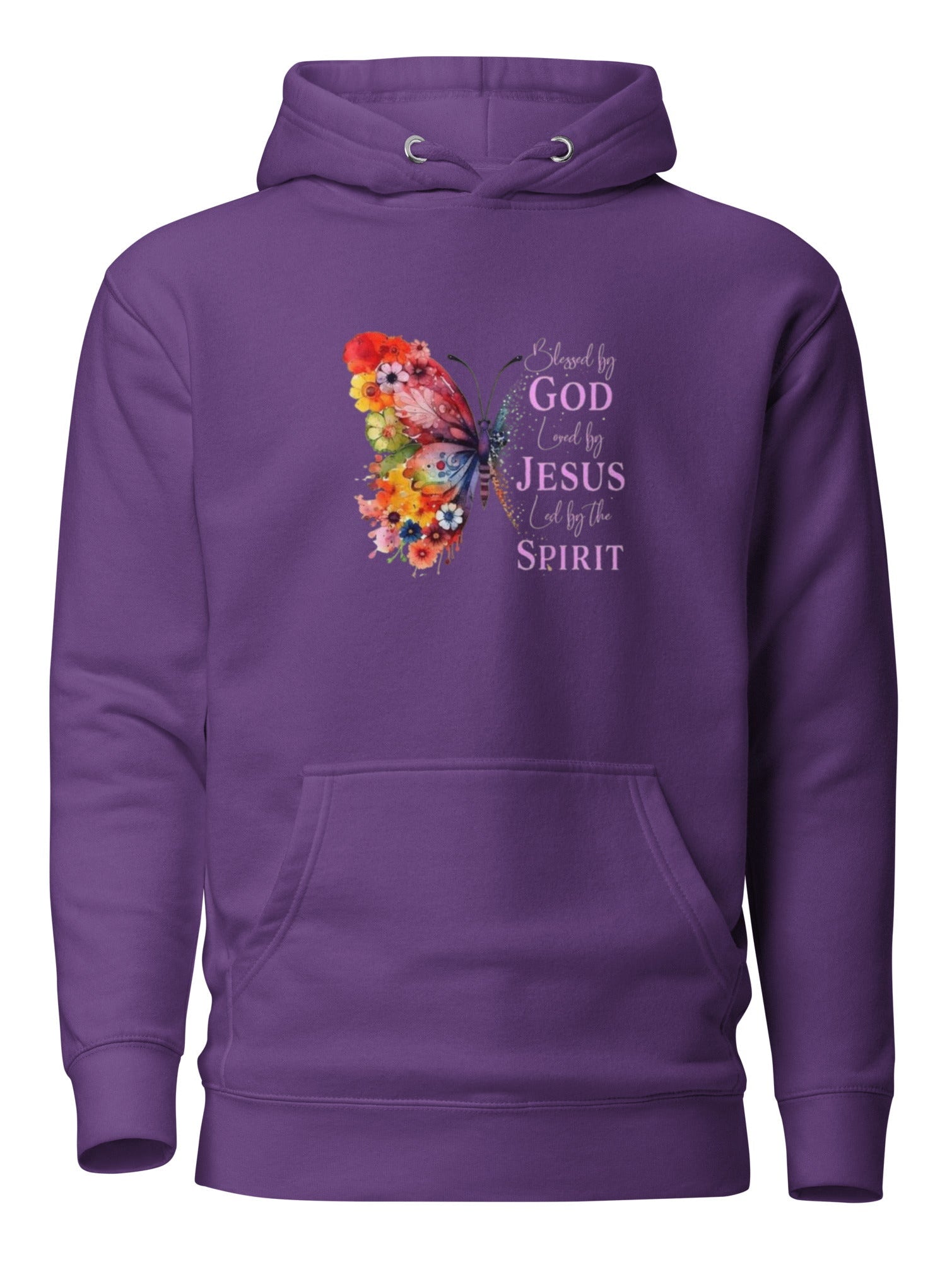 Unisex purple Christian hoodie by MotherMindset with butterfly and faith design, featuring a comfortable pullover style.
