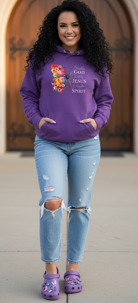 Purple "Blessed by God" Christian hoodie by MotherMindset featuring butterfly and faith design, unisex pullover sweatshirt.