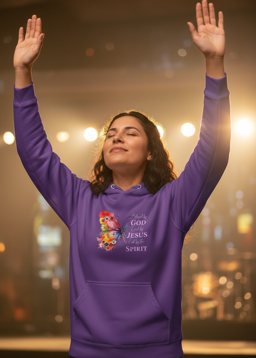 Purple "Blessed by God" Christian hoodie by MotherMindset, featuring a butterfly and faith design on a comfortable unisex pullover.