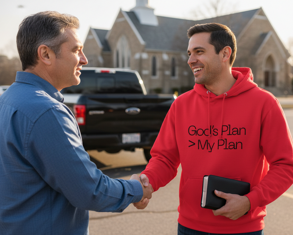 MotherMindset God's Plan hoodie in red, unisex cotton pullover with bold "My Plan > God's Plan" slogan on front.