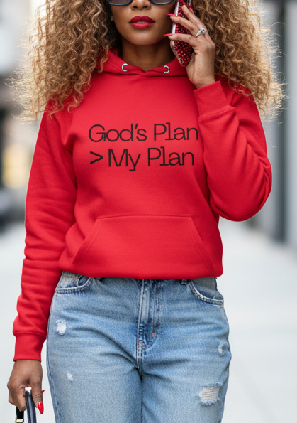 Unisex red cotton hoodie with "My Plan > God's Plan" slogan, featuring a front graphic and casual fit by MotherMindset.
