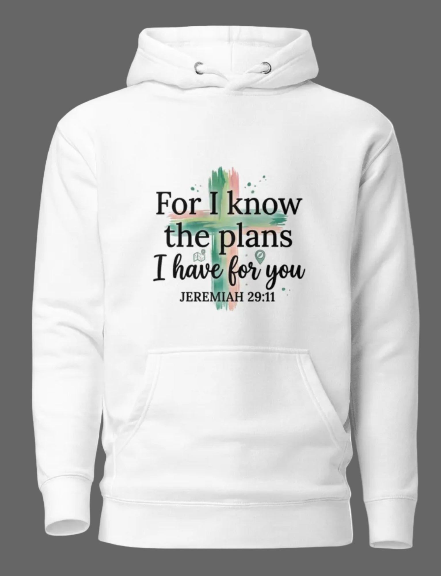 White unisex Christian hoodie by MotherMindset with Jeremiah 29:11 quote, featuring a front view and soft cotton fabric.