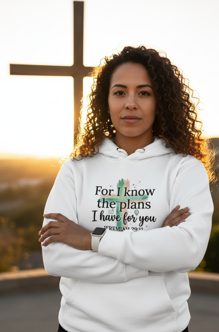 White Christian hoodie from MotherMindset featuring Jeremiah 29:11 quote, unisex pullover with soft cotton fabric.
