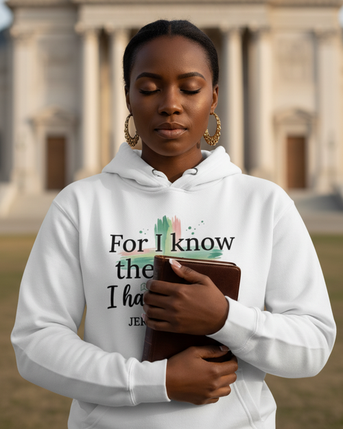 White unisex Christian hoodie by MotherMindset featuring Jeremiah 29:11 quote and "For I Know the Plans" design on front.