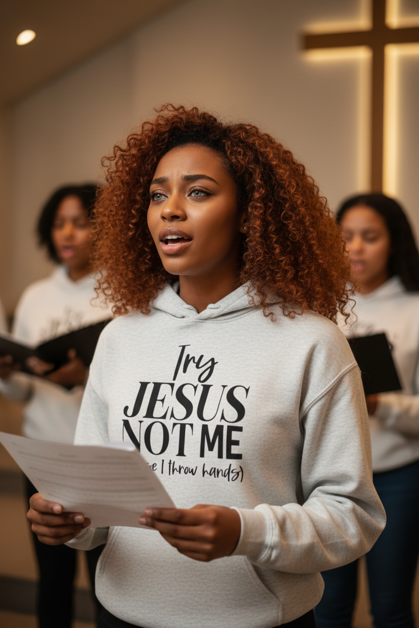 Unisex Ash Christian hoodie by MotherMindset with "Try Jesus Not Me" faith-based message on front.