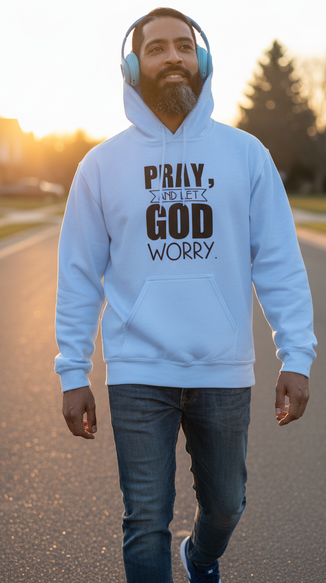 Unisex Carolina blue Christian hoodie by MotherMindset with "Pray and Let God Worry" design on front and sleeve.