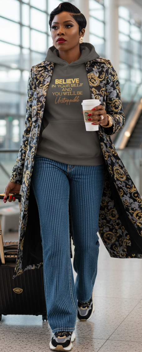 Dark gray unisex hoodie by MotherMindset featuring "Believe in Yourself" motivational message on front and back.