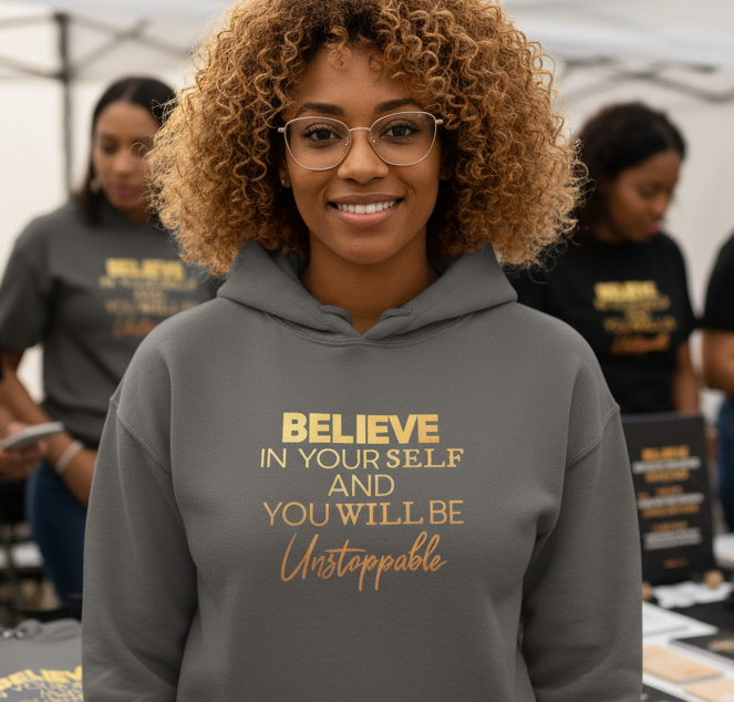 Dark gray Believe in Yourself Motivational Hoodie by MotherMindset, front and back design, unisex confidence sweatshirt.