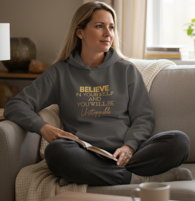 Dark gray Believe in Yourself motivational hoodie by MotherMindset, front and back design, unisex confidence sweatshirt.