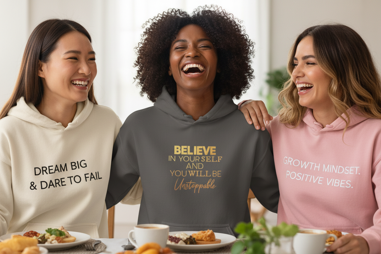 Dark gray Believe in Yourself motivational hoodie by MotherMindset, front and back design, unisex confidence sweatshirt.