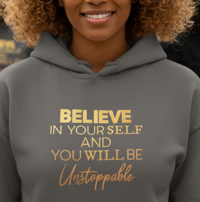 Dark gray Believe in Yourself Motivational Hoodie by MotherMindset, featuring front and back confidence design on a unisex sweatshirt.