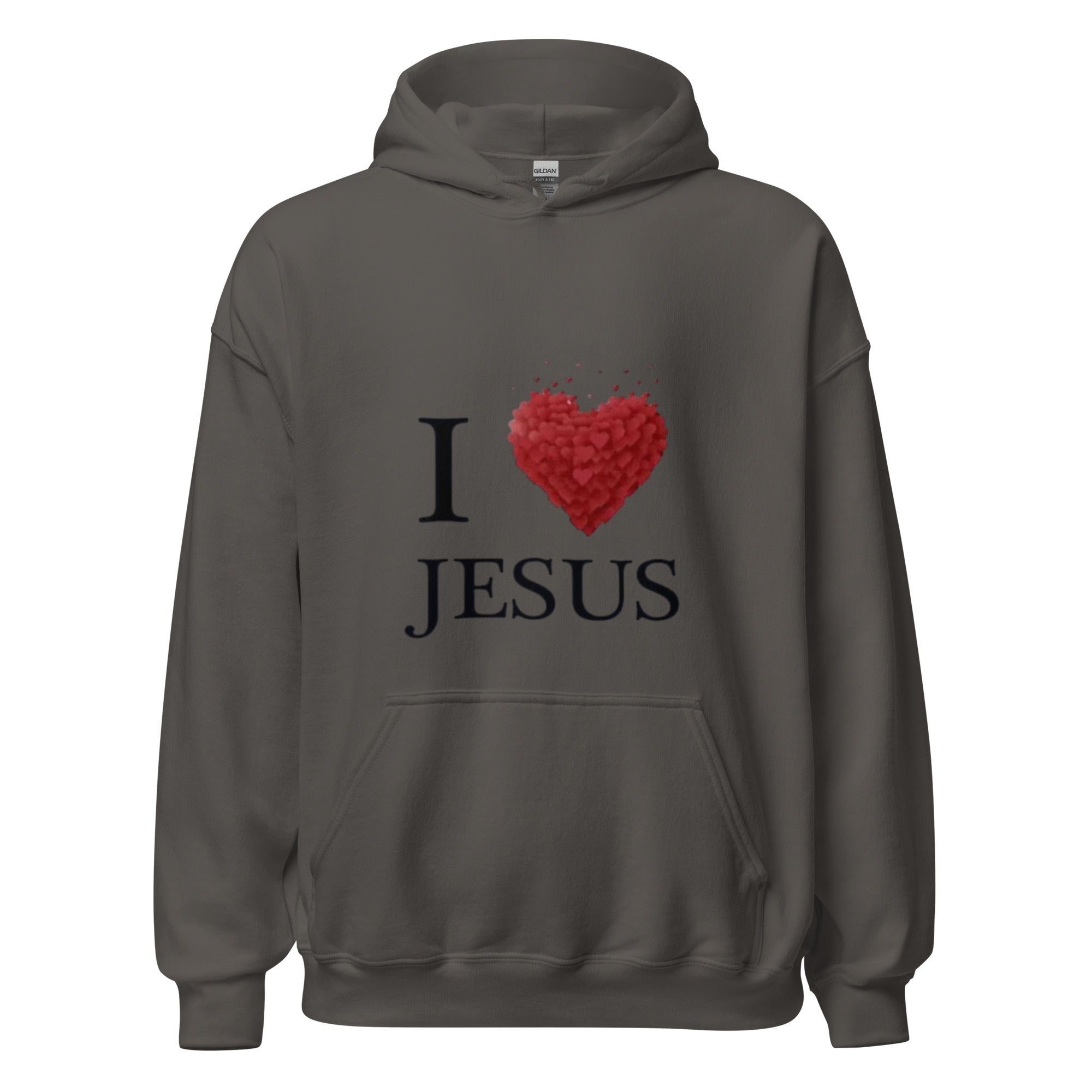 Dark gray "I Love Jesus" Christian hoodie by MotherMindset, unisex pullover sweatshirt with faith-themed design on front.
