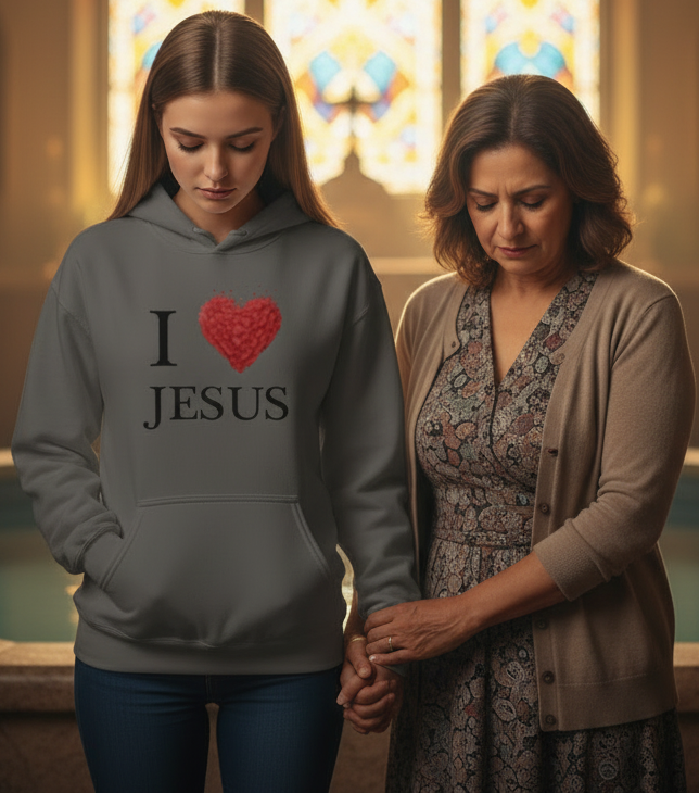 Charcoal gray unisex Christian hoodie by MotherMindset with "I Love Jesus" faith design on front, casual pullover sweatshirt.