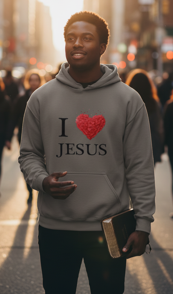 Dark gray unisex "I Love Jesus" Christian hoodie by MotherMindset, featuring faith-inspired text on the front.