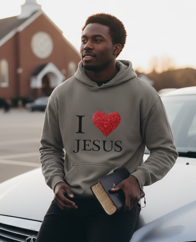 Dark gray "I Love Jesus" Christian hoodie by MotherMindset, unisex pullover sweatshirt with front graphic and comfortable fit