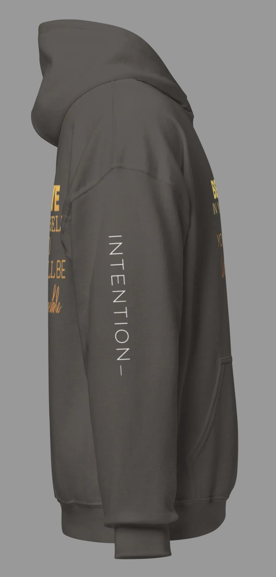 Dark gray unisex hoodie from MotherMindset featuring motivational "Believe in Yourself" design on front and back.