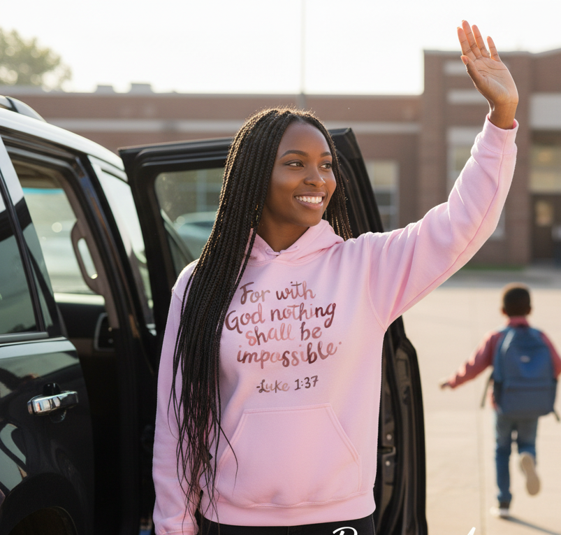 Light pink unisex Christian hoodie by MotherMindset featuring Luke 1:37 quote "Nothing Impossible With God" on front.